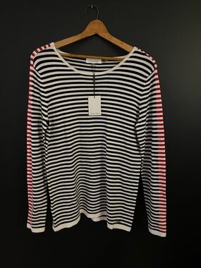 NWT Calvin Klein Women's Black & White Striped Sweater with Red Accent